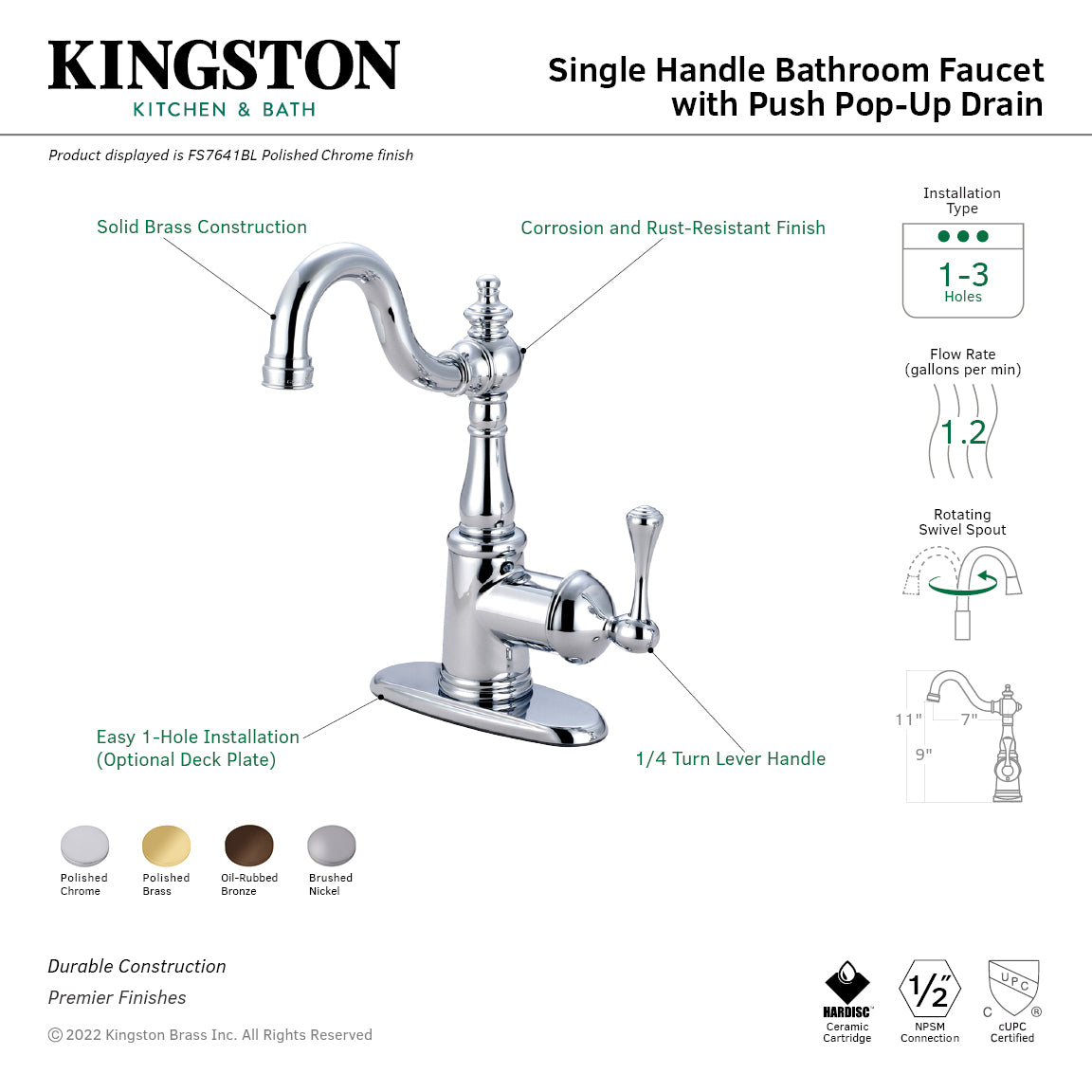Kingston Heirloom FS7642BL - English Vintage One-Handle 1-Hole Bathroom Faucet with Deck Plate and Push Pop-Up Drain, Polished Brass — thumbnail 2